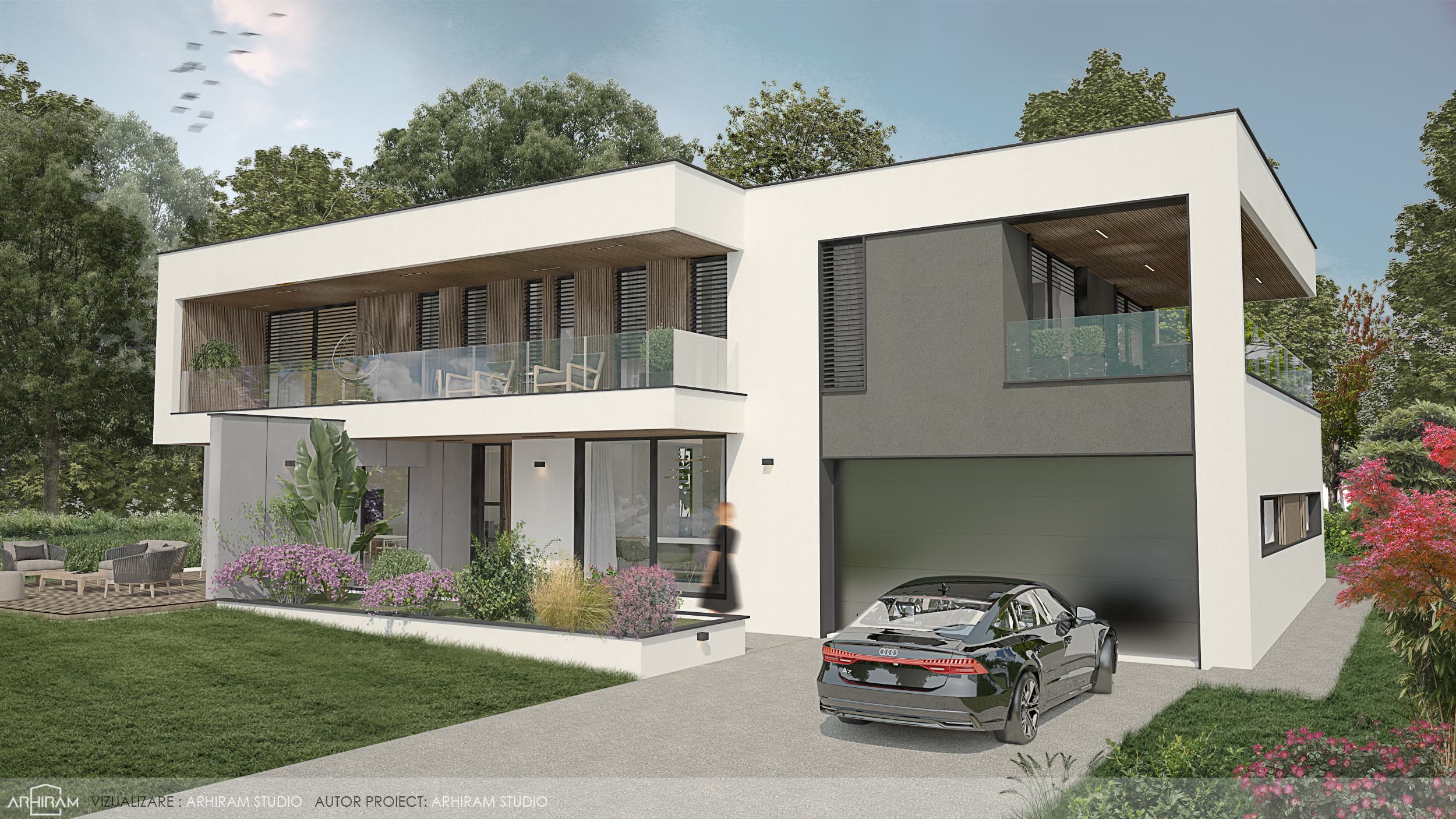 Villa AL — Randare exterioară nocturnă, fațada principală